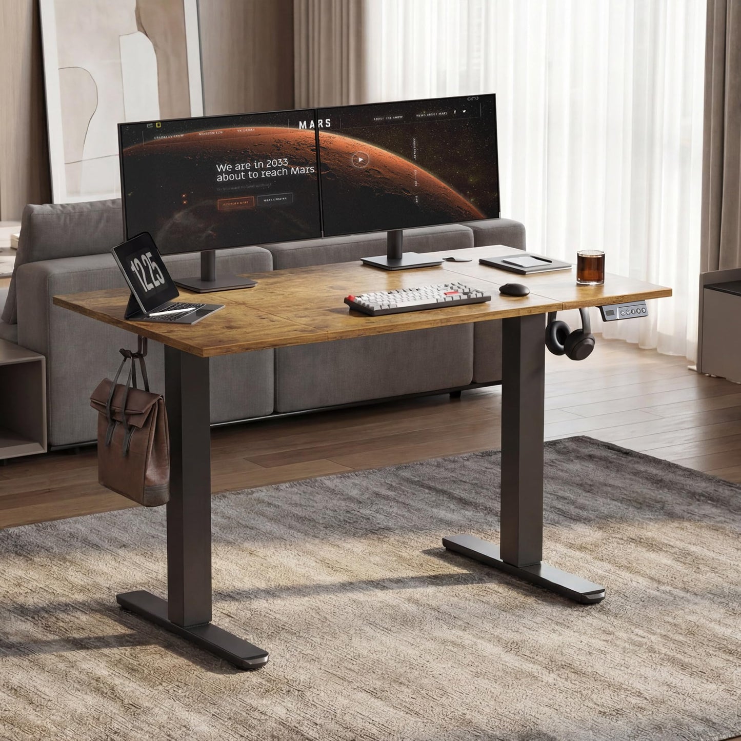 Claiks Electric Standing Desk, Adjustable Height Stand up Desk, 48 * 24 Inches Sit Stand Home Office Desk with Splice Board, Black Frame/Vintage Brown Top