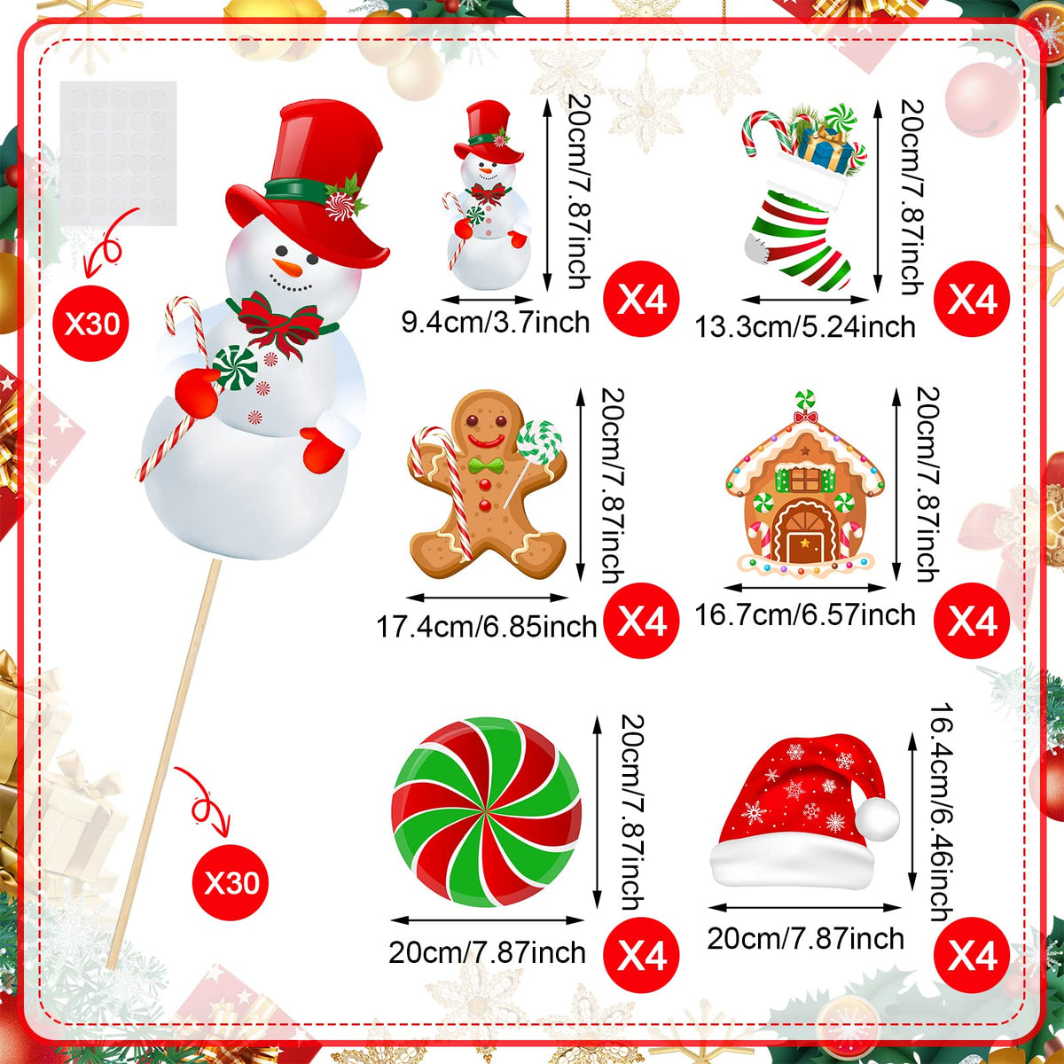 24 Pieces Christmas Picks Snowman Santa Hat Lollipop Gingerbread Christmas Stocking Farm House Cutout on Sticks Vase Filler Crafts Tree Ornament Wreath Holiday Decorations for Christmas Party