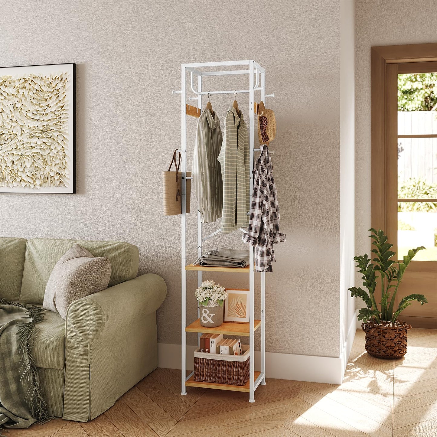 ELYKEN Coat Rack Freestanding, Hall Tree with 3 Storage Shelves and 12 Hooks, Industrial Clothes Rack Stand Organizer for Bedroom, Hallway, Entryway, Office, Living Room