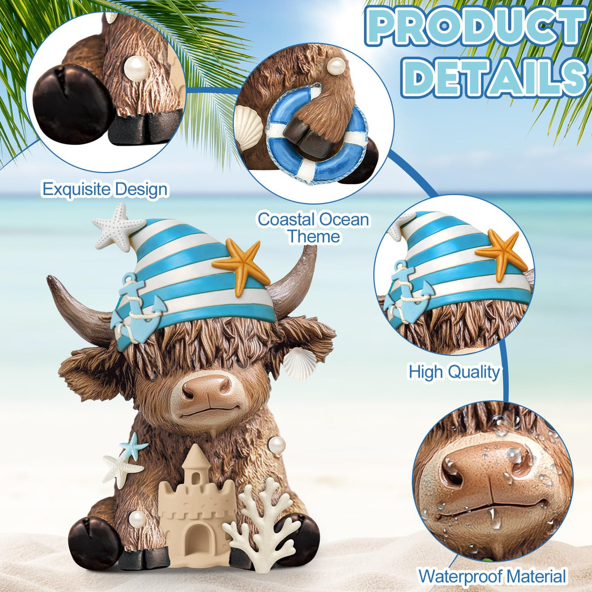Karenhi 2 Pcs Coastal Farmhouse Home Decor, Summer Ocean Highland Cow Figurines with Anchor, Starfish, Shell and Coral, Nautical Beach Figurines for Home Table Shelf Decoration
