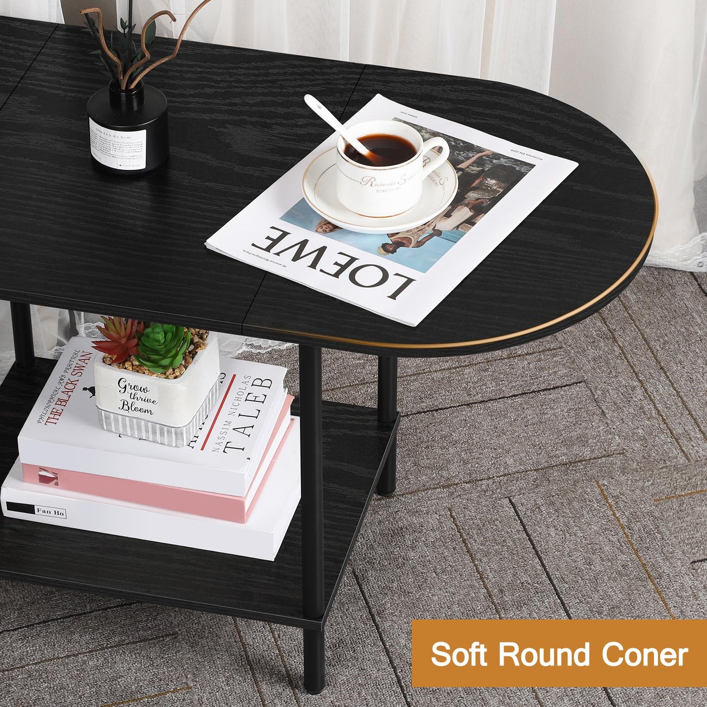 OYEAL Black Coffee Table for Living Room, 2-Tier Small Oval Center Table, Mid Century Farmhouse Round Tea Table with Storage Shelf for Small Space, Home Office, Living Room