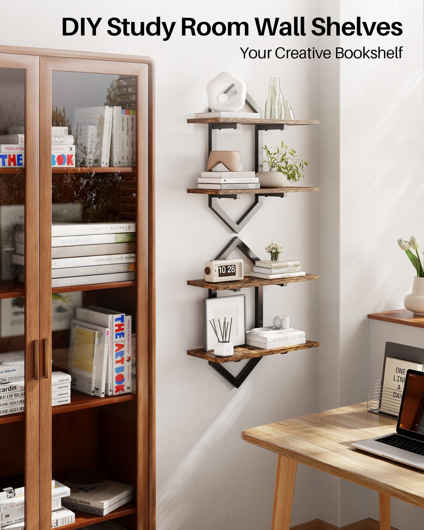 Forjarn Floating Shelves, Set of 2 Wall Shelf, Wall Mounted Decorative Shelves, 2-Tier Modern Geometric Hanging Storage Shelf for Living Room, Bedroom, Kitchen, Office, Study (Rustic Brown + Black)