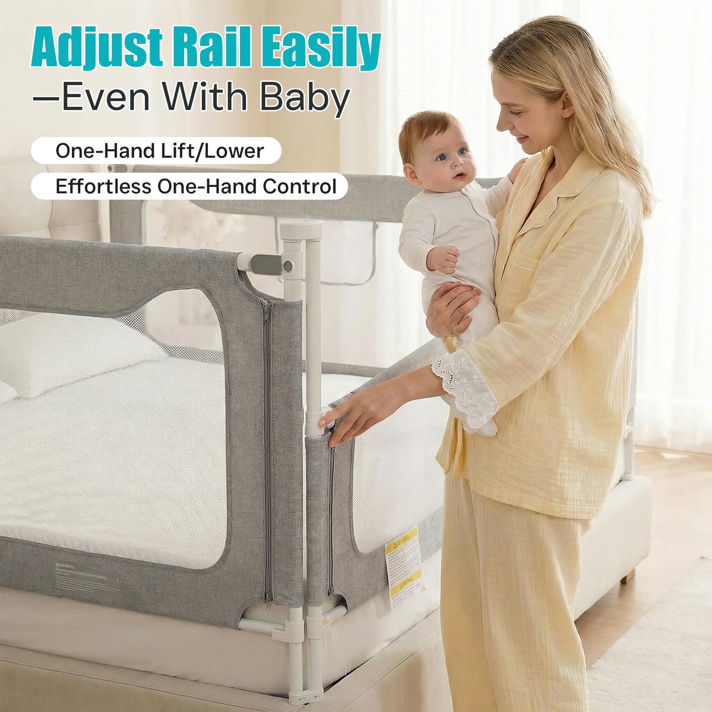 NurturaNook Twin Size Baby Bed Rail Guard – Extra Tall Safety Bedside Rail with Headboard Rod for Toddlers, Adjustable No-Gap Design, 3 Panels (2×74.8″ + 1×39.3″), Gray
