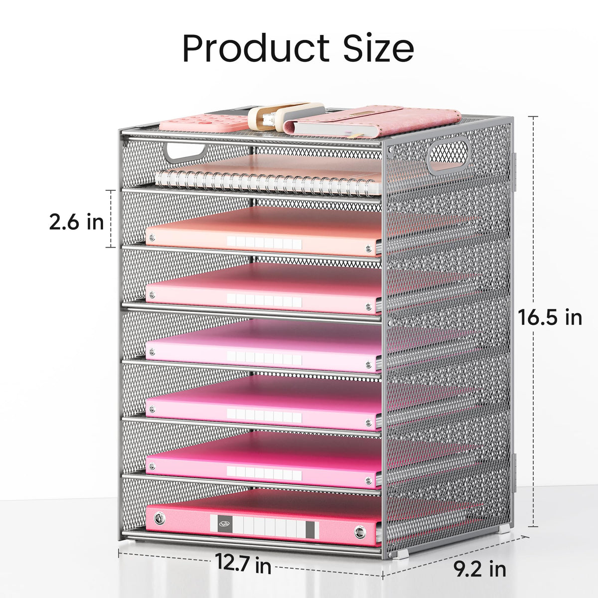 Lavatino 8-Tier Office Desk File Organizer, Letter Tray Paper Organizer with Handle, Including 5 Adjustable Slide Trays for Organizing Desktop Workspace Accessories and Supplies (Silver Metal Mesh)