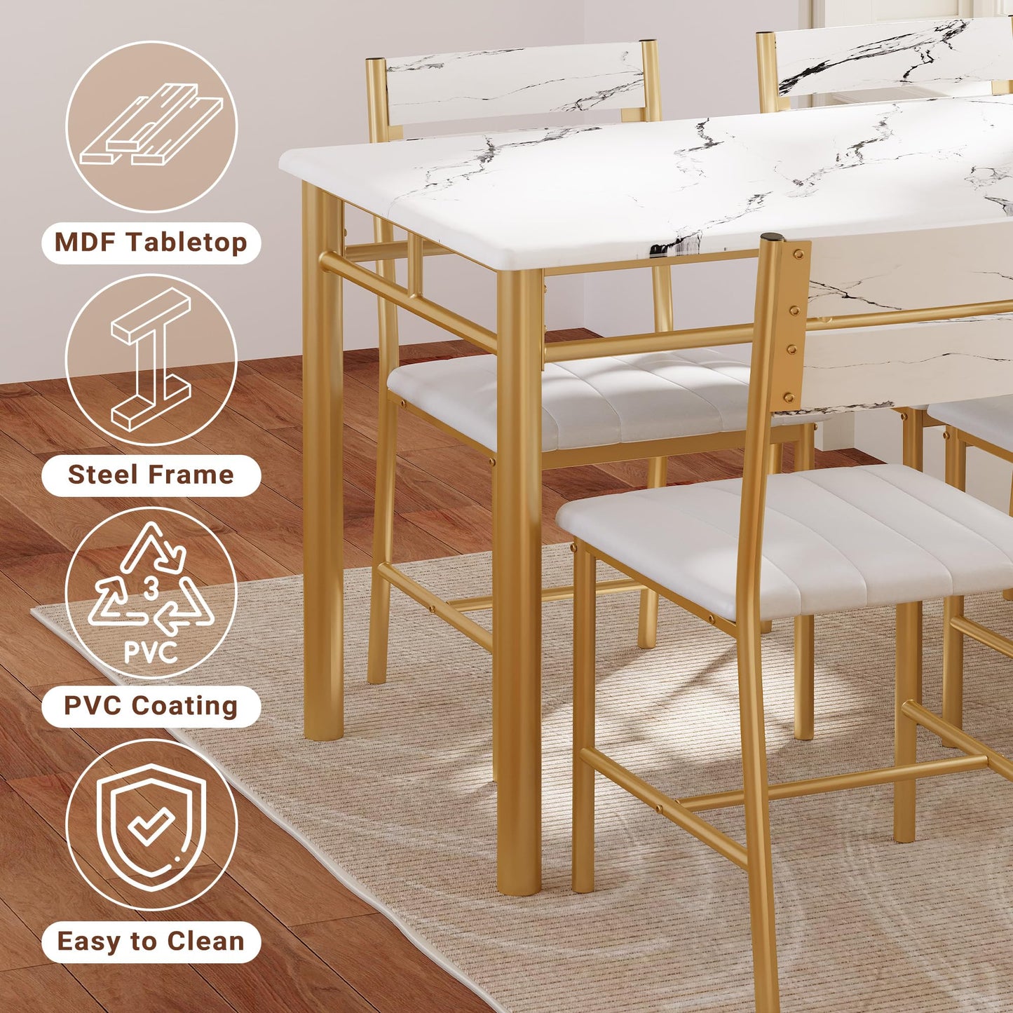 IRONCK Dining Table Set for 4, Wood Kitchen Table with Upholstered Chairs for Kitchen & Dining Room, Compact Dining Set for Small Spaces, White & Gold