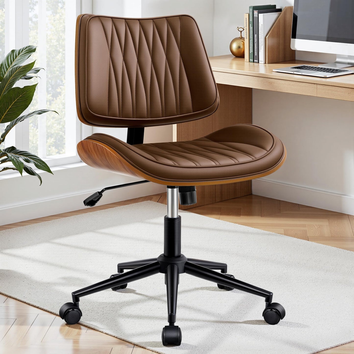 Ergonomic Armless Office Desk Chair - Mid-Century Modern Khaki Faux Leather with Diamond Stitch, Adjustable Height Swivel Rolling Task Computer Chair with Walnut Accent for Home Office, Study & Work