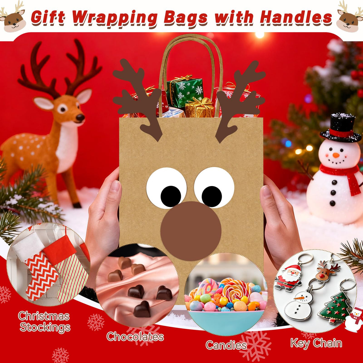 FOGWOWO 36 Pcs Reindeer Gift Bags DIY Reindeer Bags,Christmas Goodie Bags Kraft Paper Reindeer Treat Bags Party,Xmas Candy Bags Bulk with Handles Wrapping Supplies
