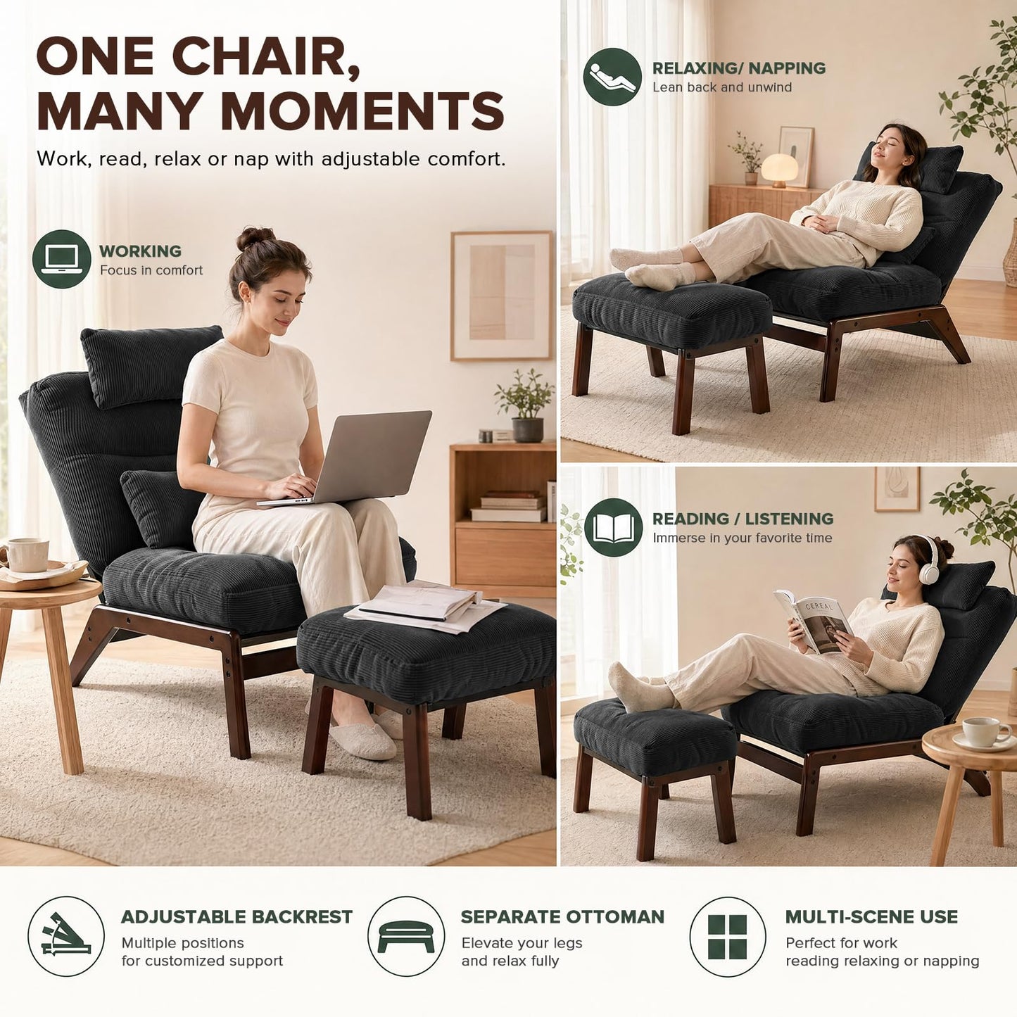GEMBED Accent Chair with Ottoman Adjustable Backrest, Comfy Lounge Chair Single Sofa with Headrest Lumbar Pillow, Reading Chair with Footrest for Bedroom, Living Room, Dark Grey