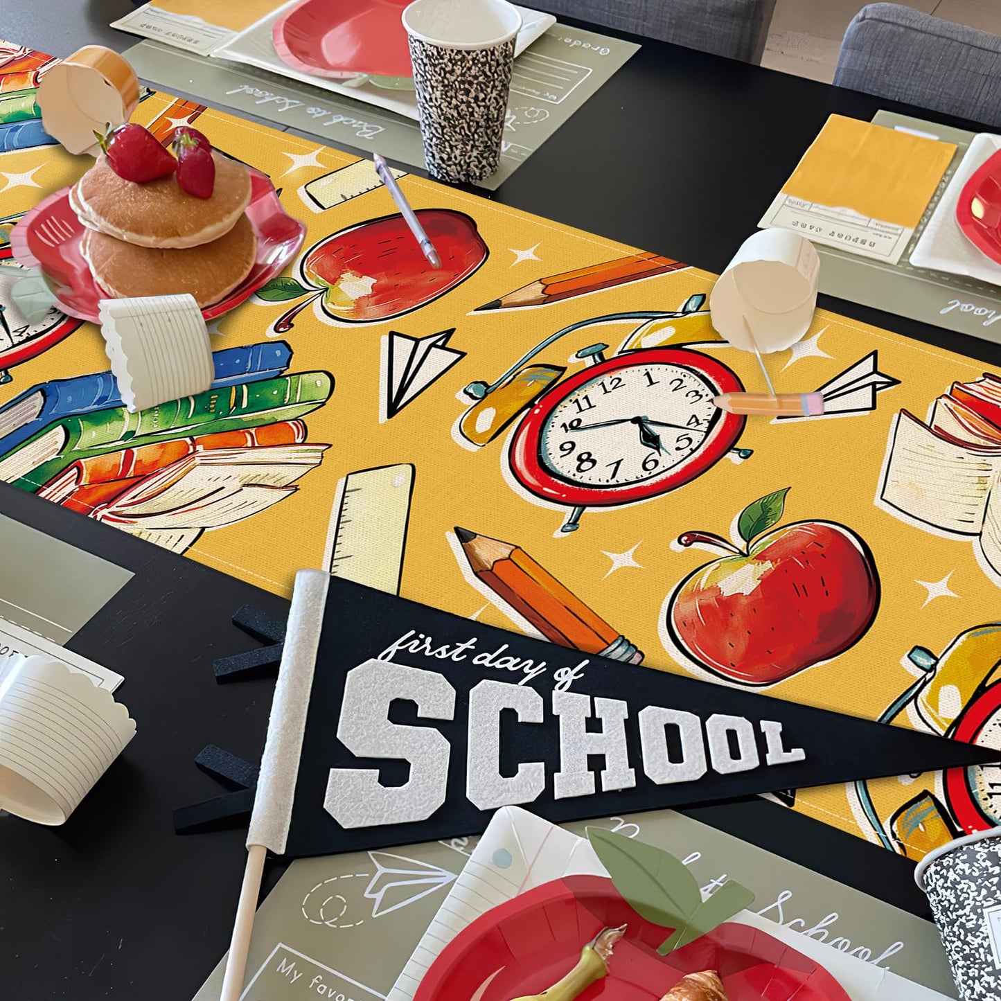 Croar Back to School Classroom Dining Table Runner, First Day of School Book Apple Clock Kindergarten Burlap Kitchen Decoration, Pencil Ruler Indoor Outdoor Home Party Decor Teacher Supply 13''x72''