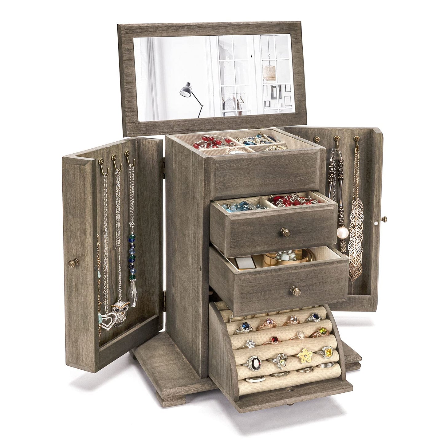 Emfogo Jewelry Box for Women, Rustic Wooden Jewelry Boxes & Organizers with Mirror, 4 Layer Jewelry Organizer Box Display for Rings Earrings Necklaces Bracelets (Weathered Gray)