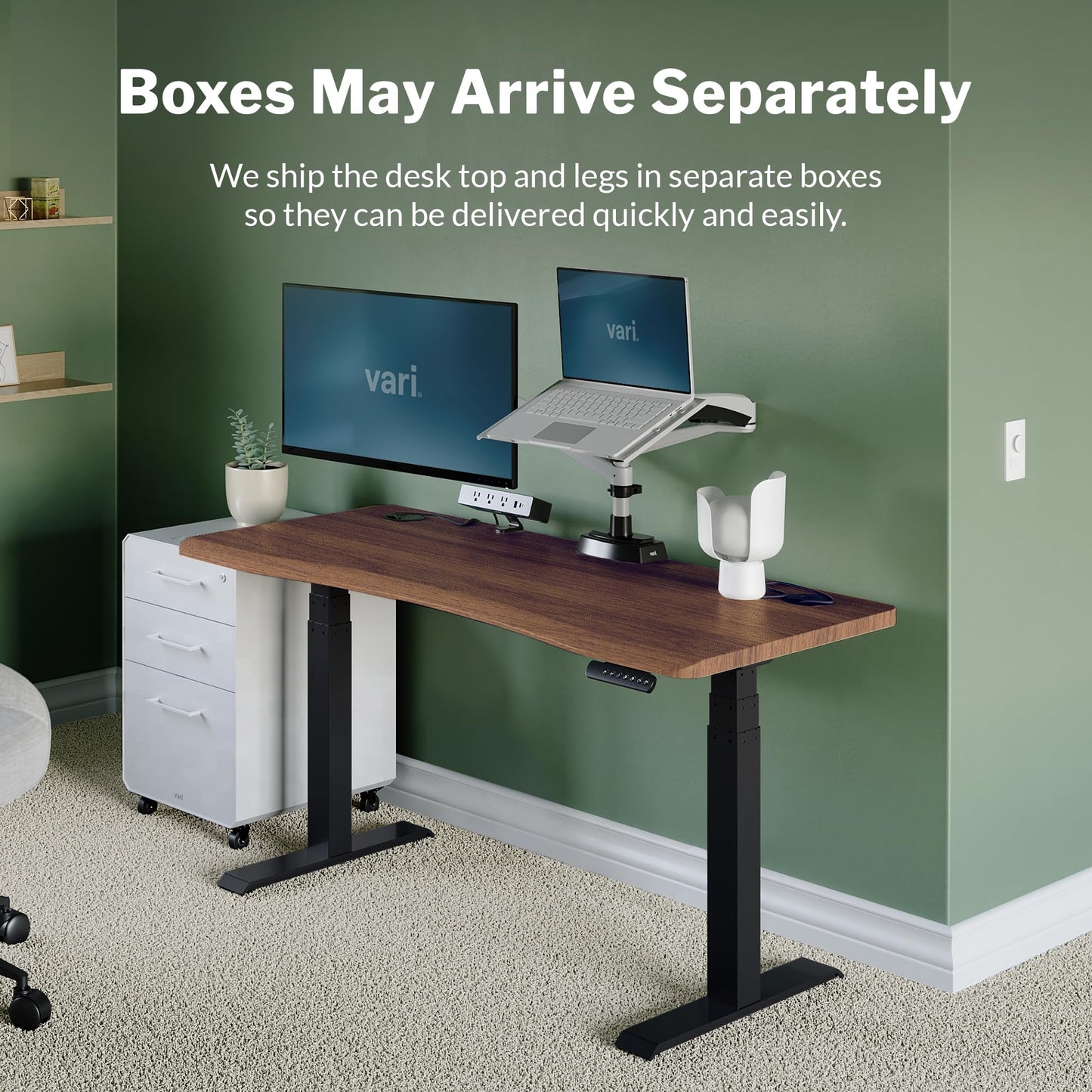 Vari Ergo 54x26 Electric Standing Desk + Height Adjustable Sit-Stand Desk + Curved Waterfall Edge, 4 Memory Settings, Quick Assembly, Cable Management, 200 lb Capacity – Walnut/Black (2 Boxes)