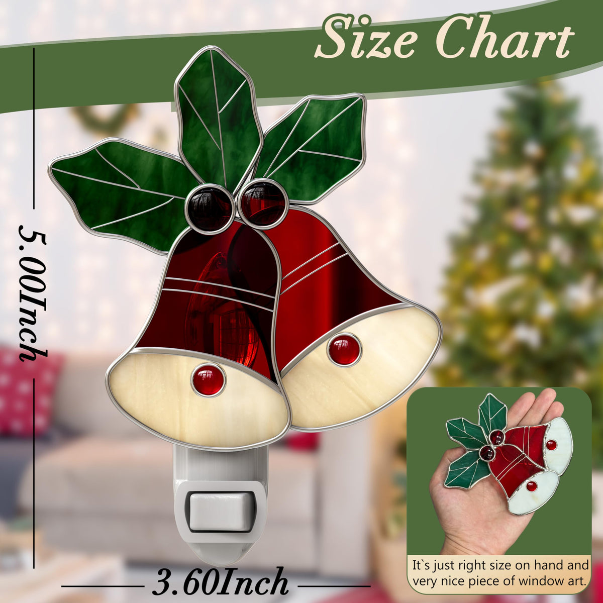 KUNDGLA Night Lights Plug into Wall Christmas Red Bell Stained Glass Night Light Plug in 7W Dusk Warm White Light Switch-On/Off for Adult Kids Room Bathroom Home Decor Gifts for Mom Grandkids