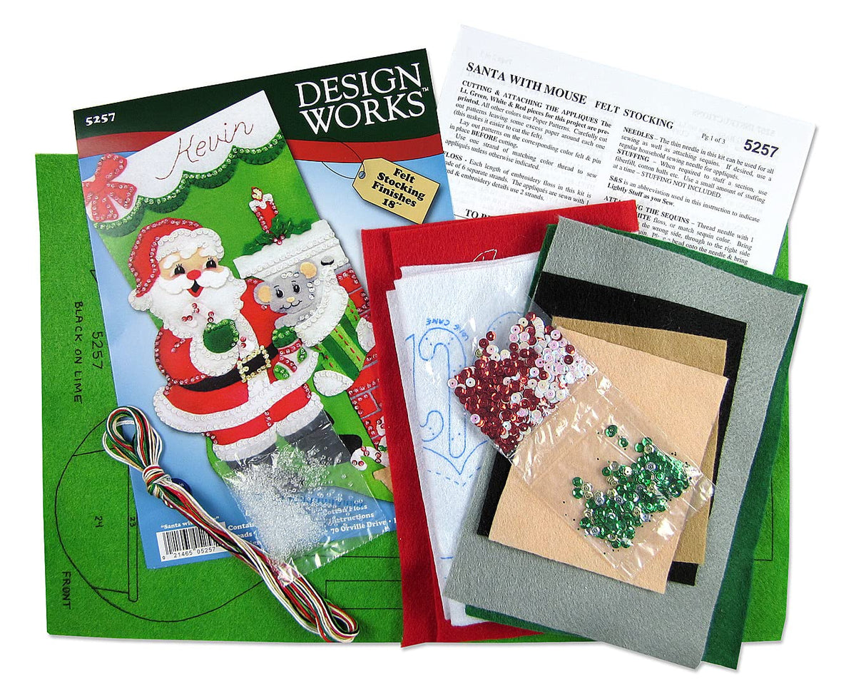 Design Works Crafts Santa with Mouse Felt Stocking Kit, Green Red, by The Yard