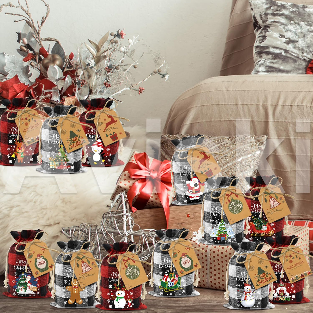 Aviski 60PCS Cotton Small Christmas Drawstring Candy Treat Bags Buffalo Plaid Xmas Xmas Christmas Fabric Goody Gift Sacks Reusable Gift Wrapping Bags Holiday Party Favors - Red/White