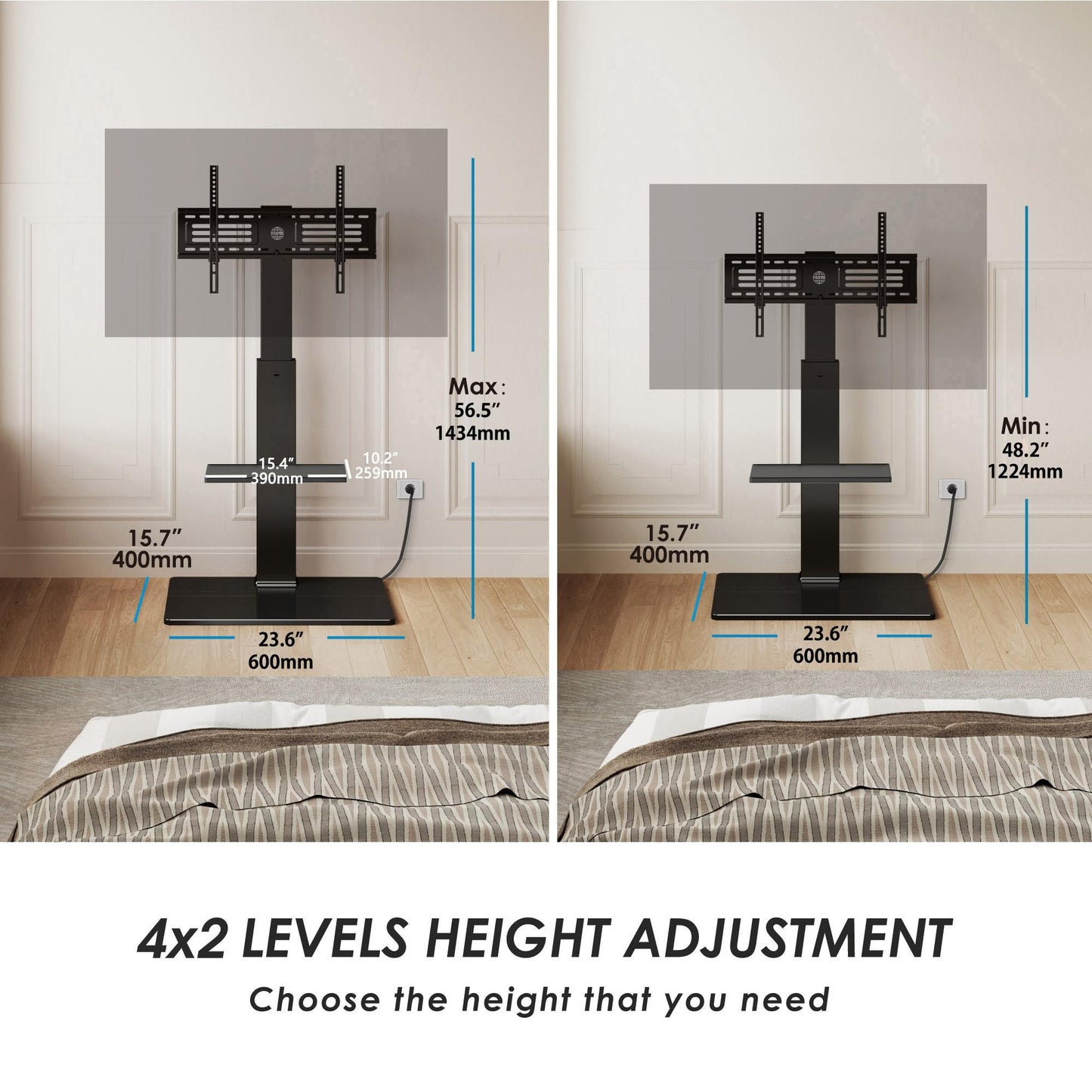 FITUEYES Floor TV Stand for 32-75 inch TV with Power Outlet, Tall TV Stand for Bedroom Living Room with Tempered Glass Base, Floor TV Mount Holds Up to 88lbs MAX VESA 600x400mm,Black
