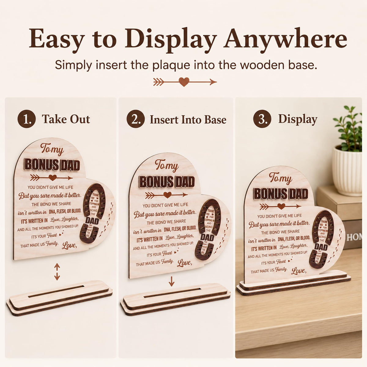 Stepdad Gifts from Stepdaughter Stepson for Fathers Day, Gifts for Step Father Bonus Dad Birthday Christmas Father's Day, Bonus Dad Gift, Stepped up Dad Plaque, To My Bonus Dad Wooden Plaque Sign Desk Decorative Home Decor
