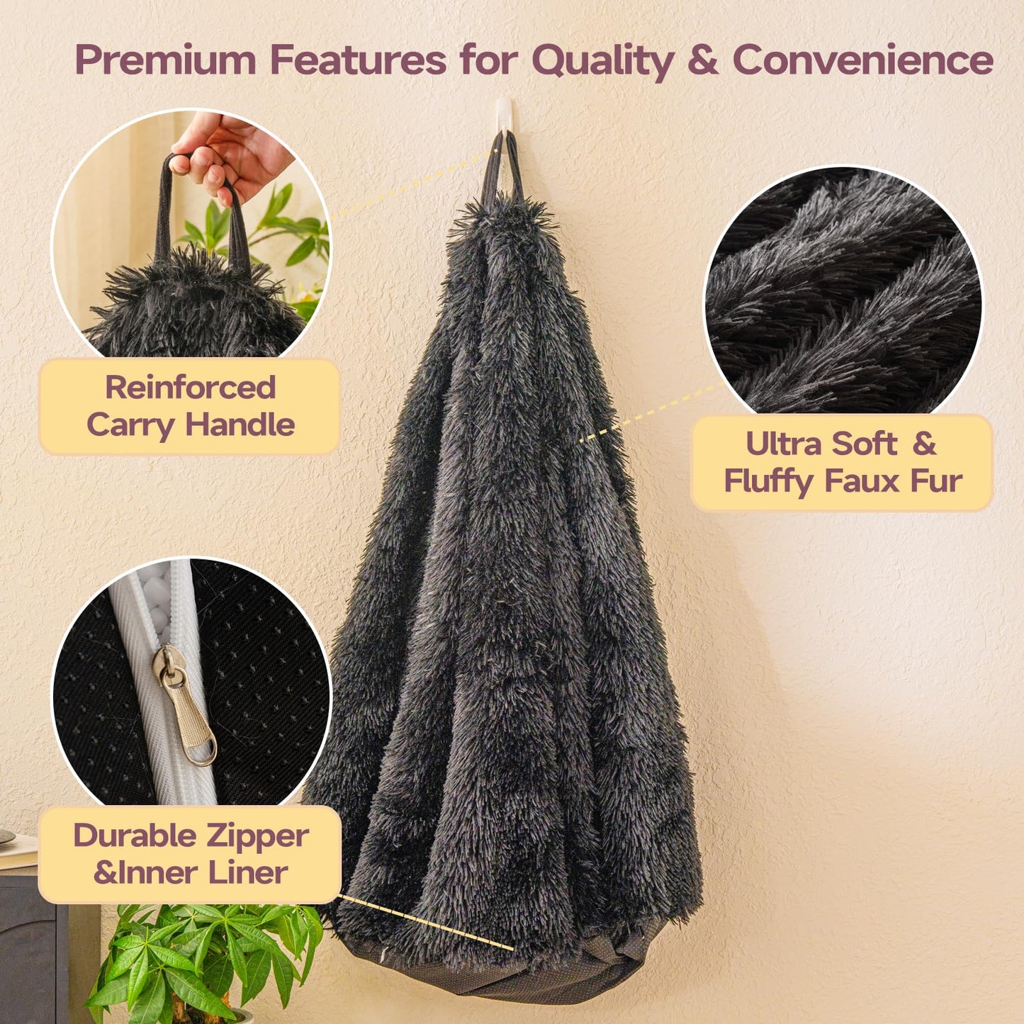Black fuzzy bean bag chair covers (No Filler), comfy Shaggy Black bean bag chair Cover for bedroom, stuffed animal Storage, kids adults teens girls bean bag chairs, Anti-Slip