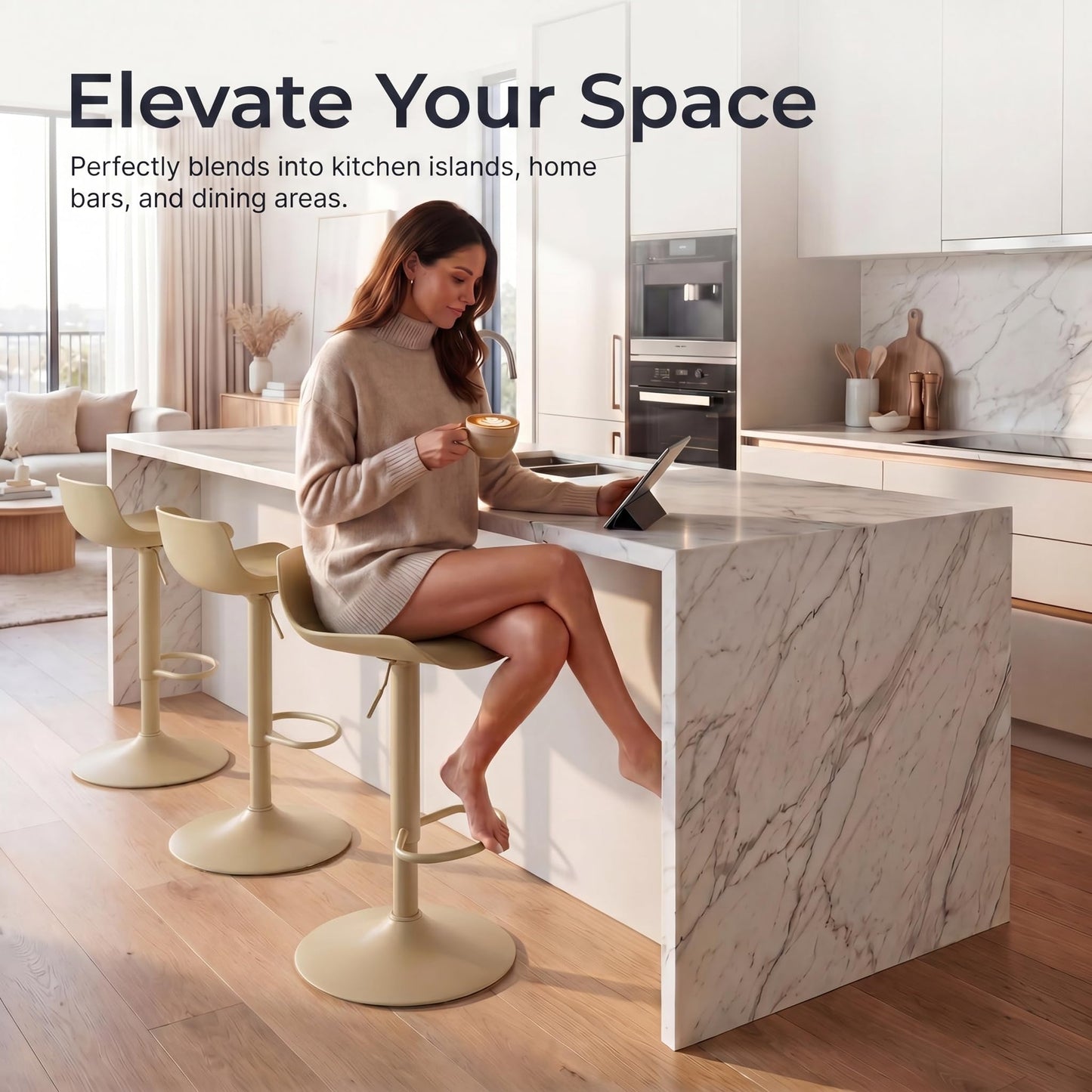 YOUNIKE Adjustable Height Bar Stools Set of 2 Plastic Swivel Barstool with Low Back Modern Kitchen Counter Island Bar Chairs for Breakfast Nook Cafe Bars Light Khaki