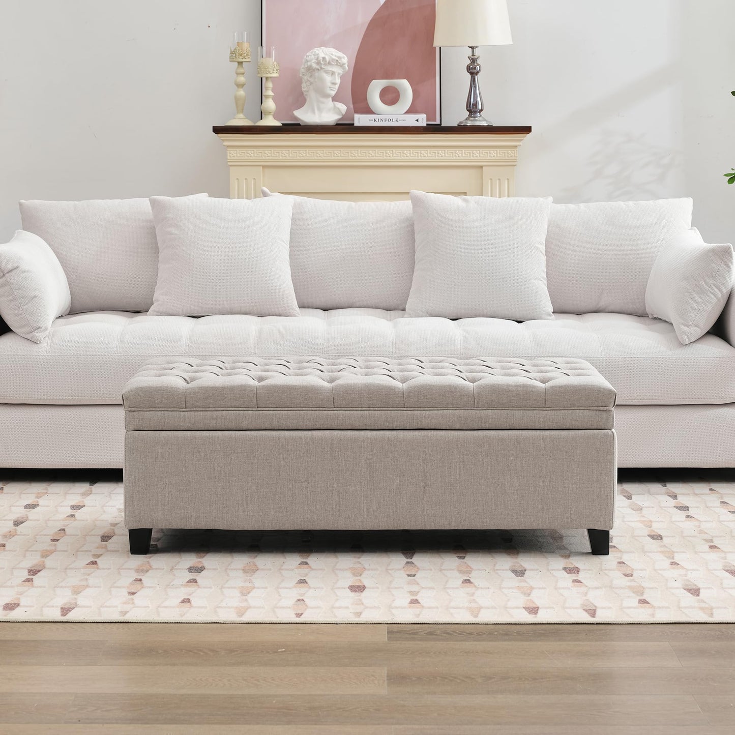 UDAX 51" Storage Ottoman for Bedroom & Living Room, End of Bed Bench with Black Wooden Legs, Linen Upholstered Tufted Ottoman, Entryway Storage Bench, Beige