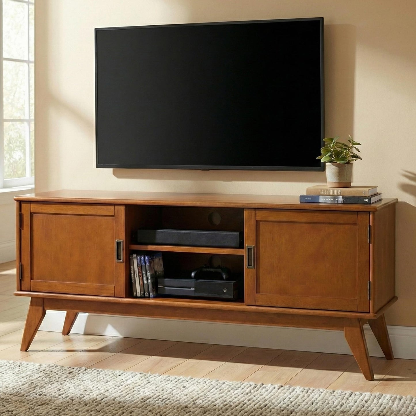 SIMPLIHOME Draper TV Stand - 60 inch Wide Solid Wood Low Media Console in Teak Brown, Mid Century Modern Entertainment Center for Living Room for TVs up to 65 Inches with Cabinets and Cable Management