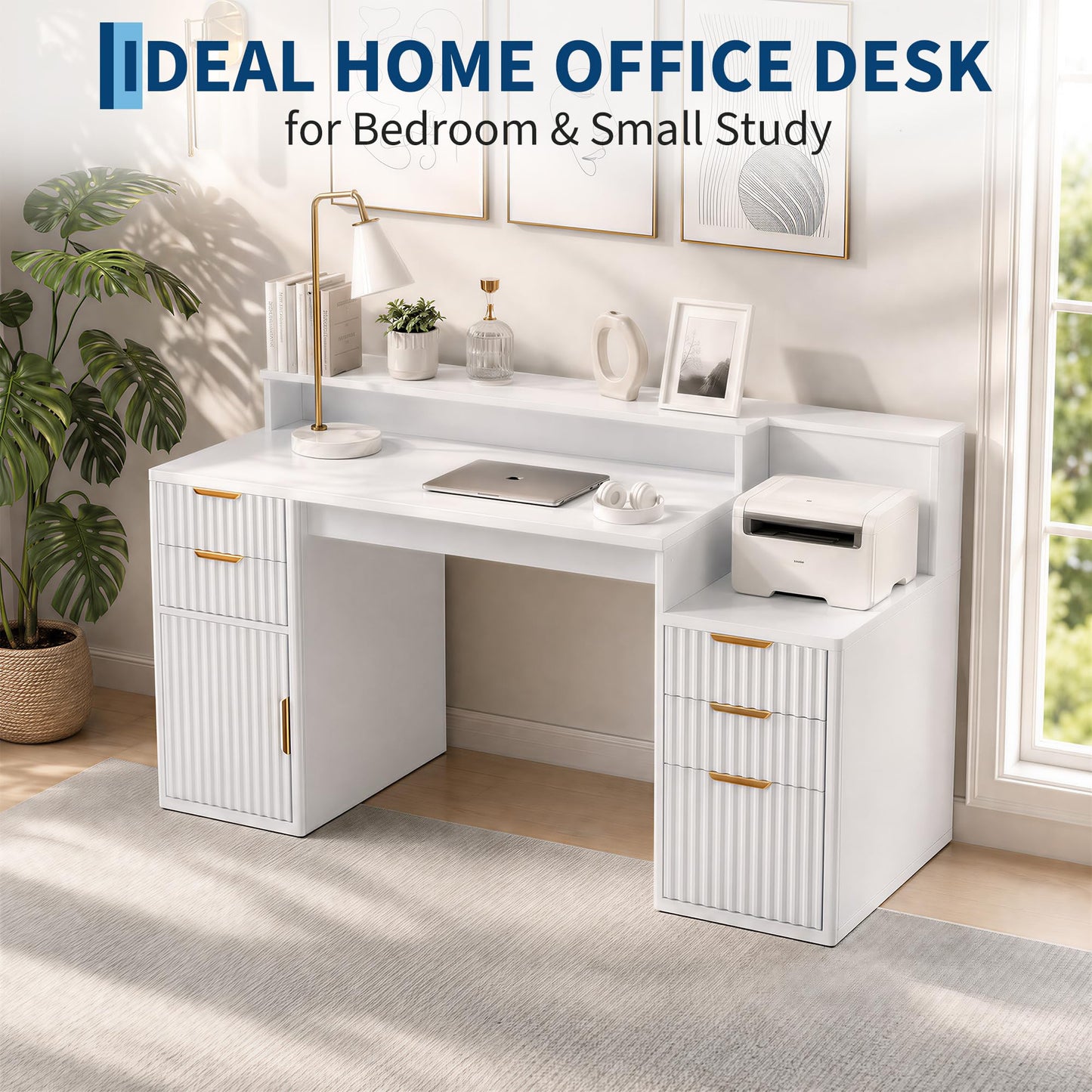 IDEALHOUSE Rectangular Computer Desk with Hutch & Printer Stand, Ripple Door Storage Home Office Desk, Space-Saving Study Writing Desk for Bedroom, Sturdy Board Student Desk with Easy Assembly