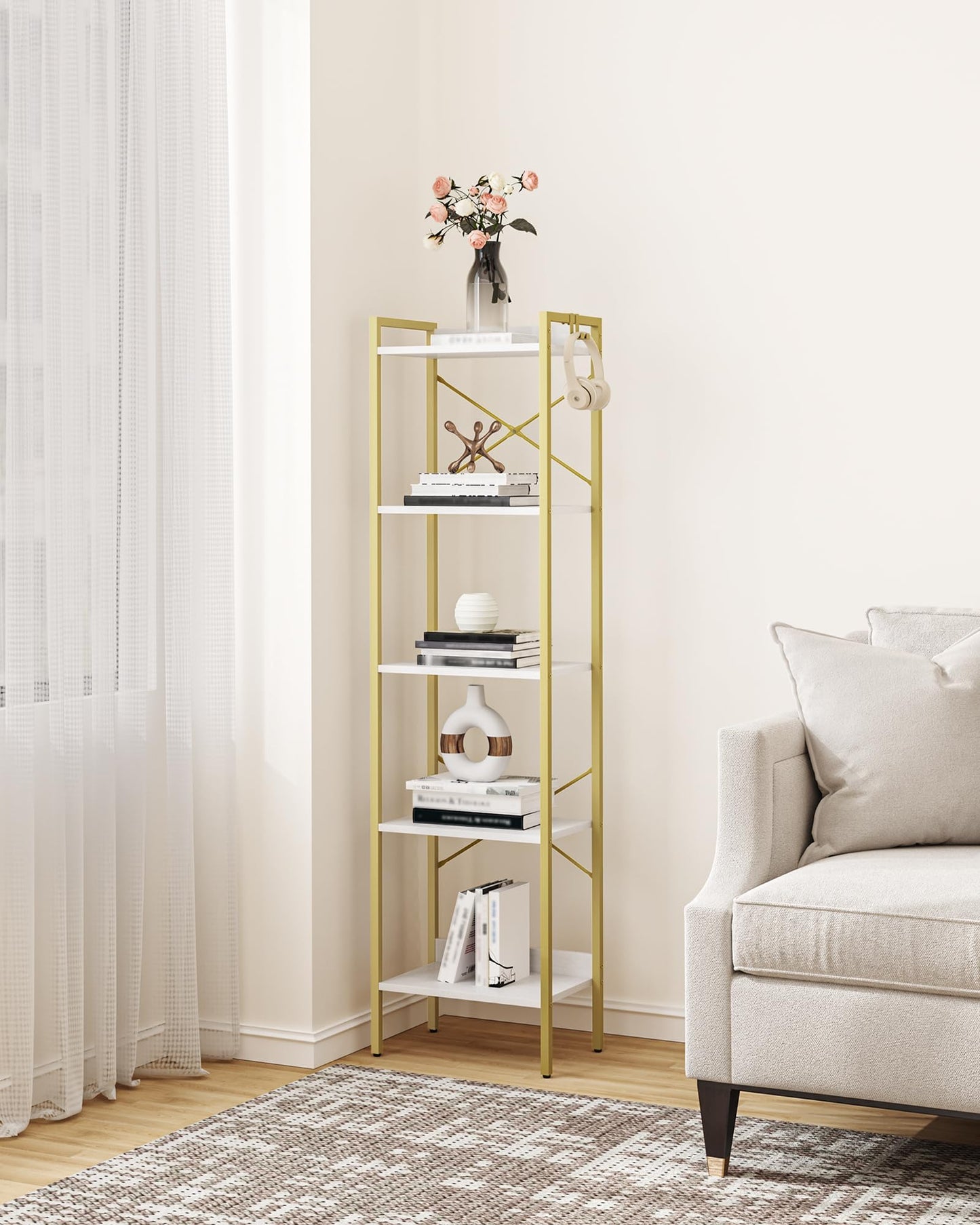 Hzuaneri Bookshelf, Book Shelf, Industrial Bookcase with 2 Hooks, Coner Shelf Storage Organizer for Home Office, Living Room, Bedroom, Kitchen, 5-Tier White Gold BC10513G