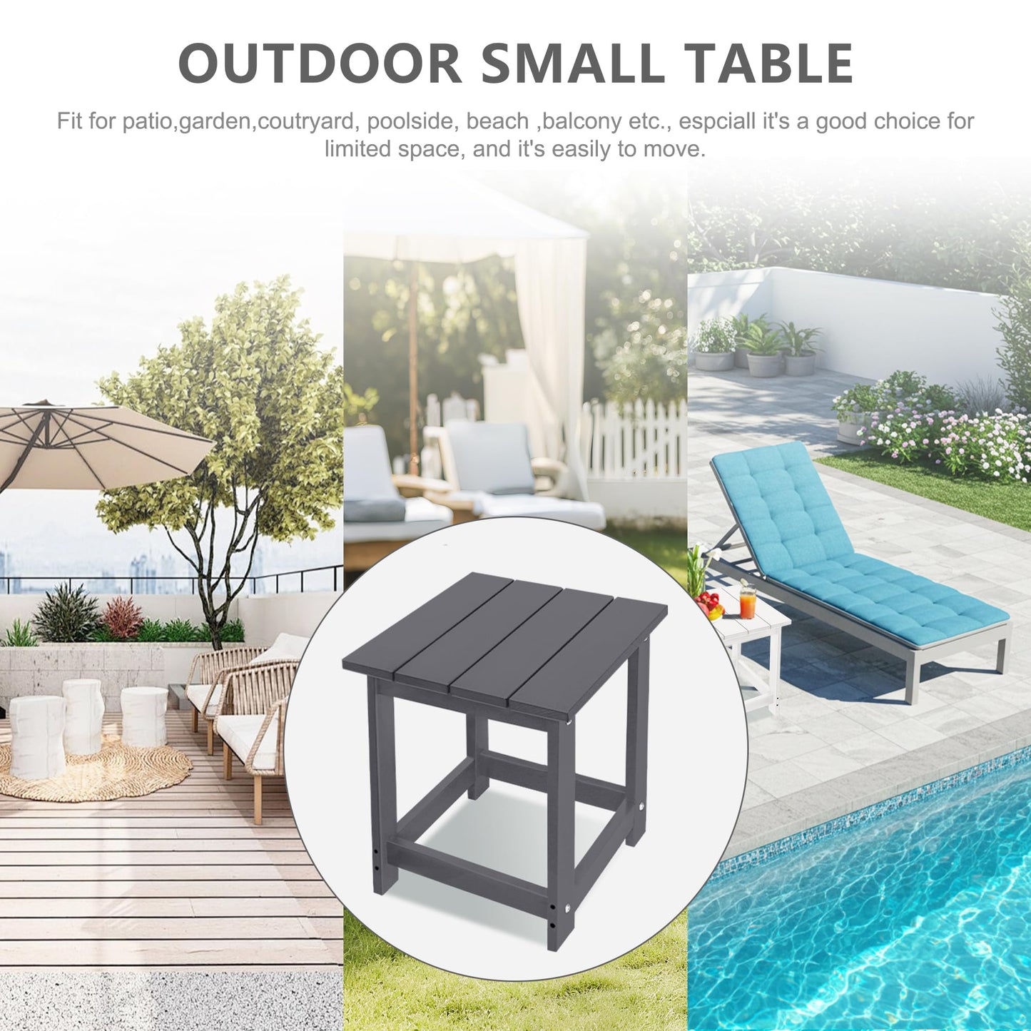 LZRS Square Patio Side Table, Heavy Duty HDPE Outdoor End Table with Wood Texture, Weatherproof Composite Table for Adirondack Chairs, Deck, Pool, Indoor/Outdoor, No Peeling or Cracking(Grey)