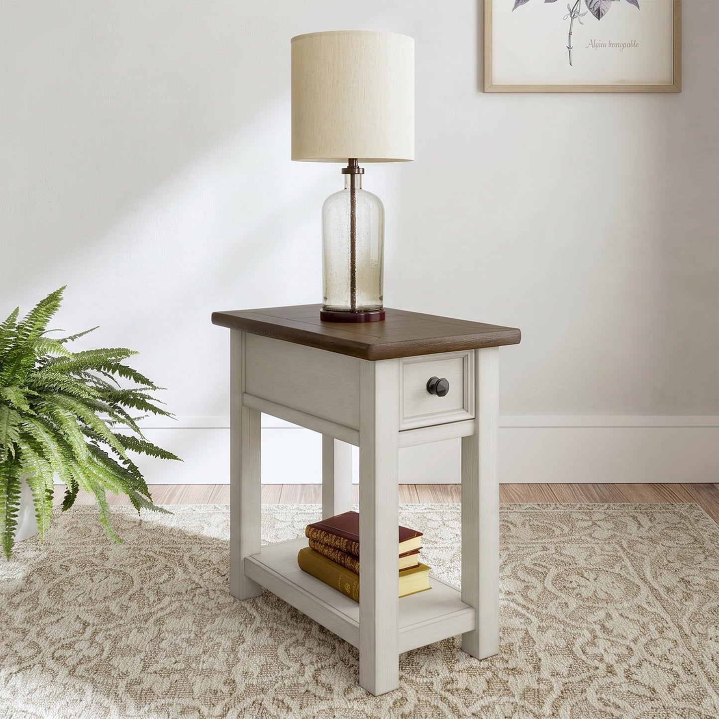 Signature Design by Ashley Bolanburg Chairside End Table With Charging Station, Two-Tone Wood Accent Table With Drawer Storage, Plank Top Design for Living Room or Bedroom, Antique White