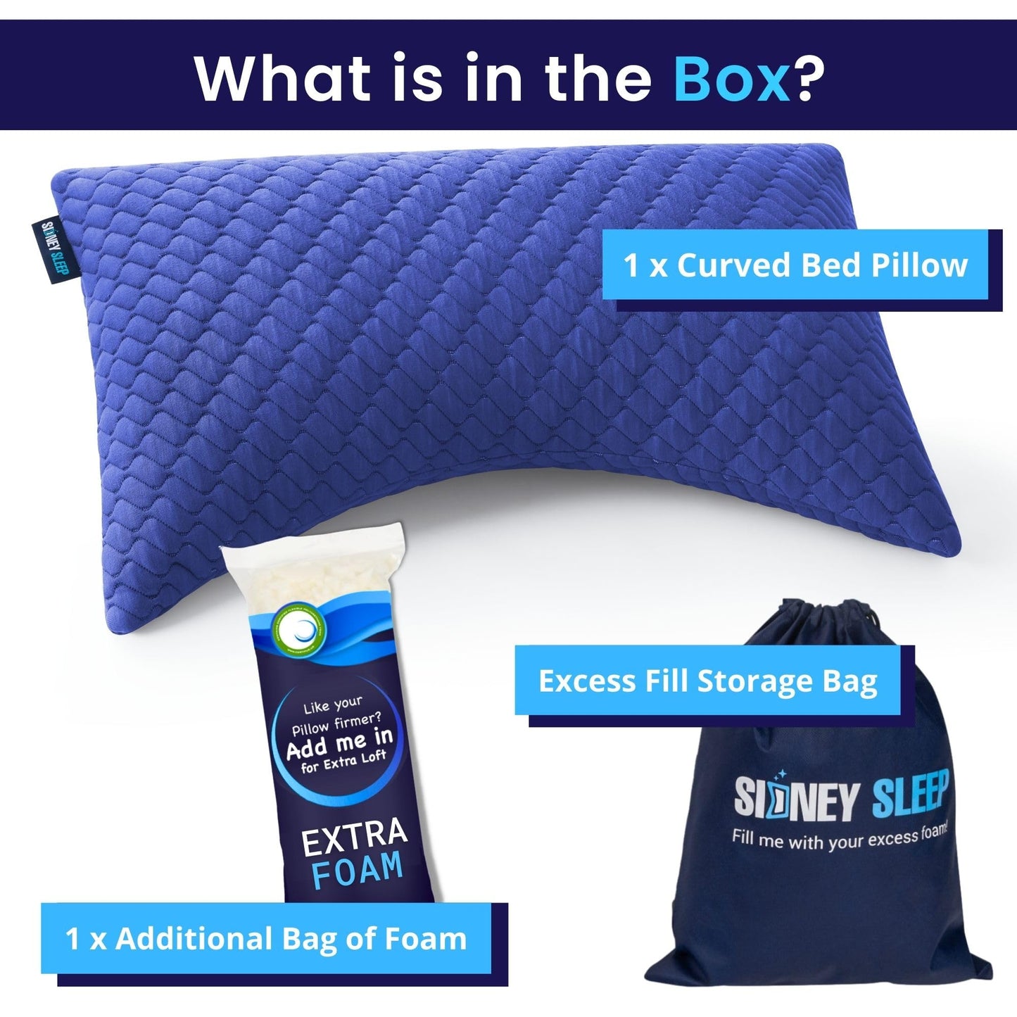 Sidney Sleep Adjustable Curved Pillows for Neck and Shoulder Support with Extra Shredded Fill - Cervical Contour Pillow for Side and Back Sleepers - Queen Size 19" x 29" - CertiPUR-US Certified (Blue)