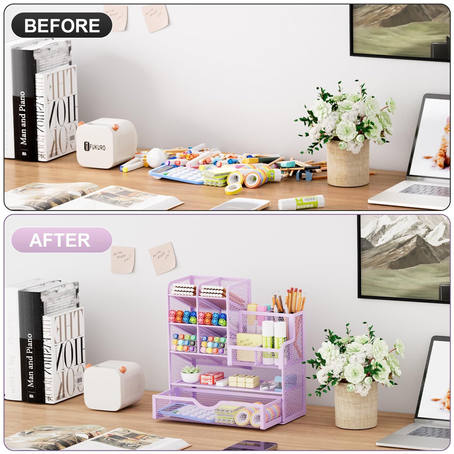 Marbrasse Mesh Pen Holder for Desk, Multi-Functional Pencil Organizer with Drawer, Desk Organizers and Accessories for Office Art Supplies (Purple)