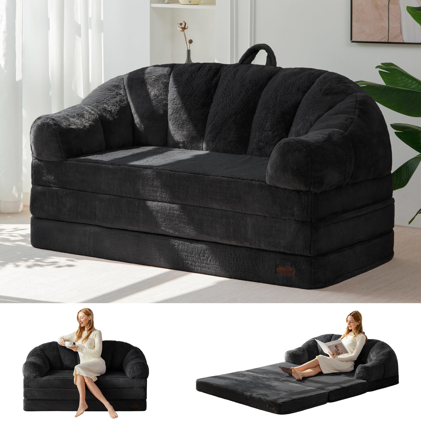 MAXYOYO Folding Sofa Bed, 2 in 1 Convertible Sofa to Lounger Comfy Loveseat Bean Bag Chair for Adults, Floor Couch with Handle, Faux Fur Couch Bed for Living Room Bedroom, Black, Loveseat