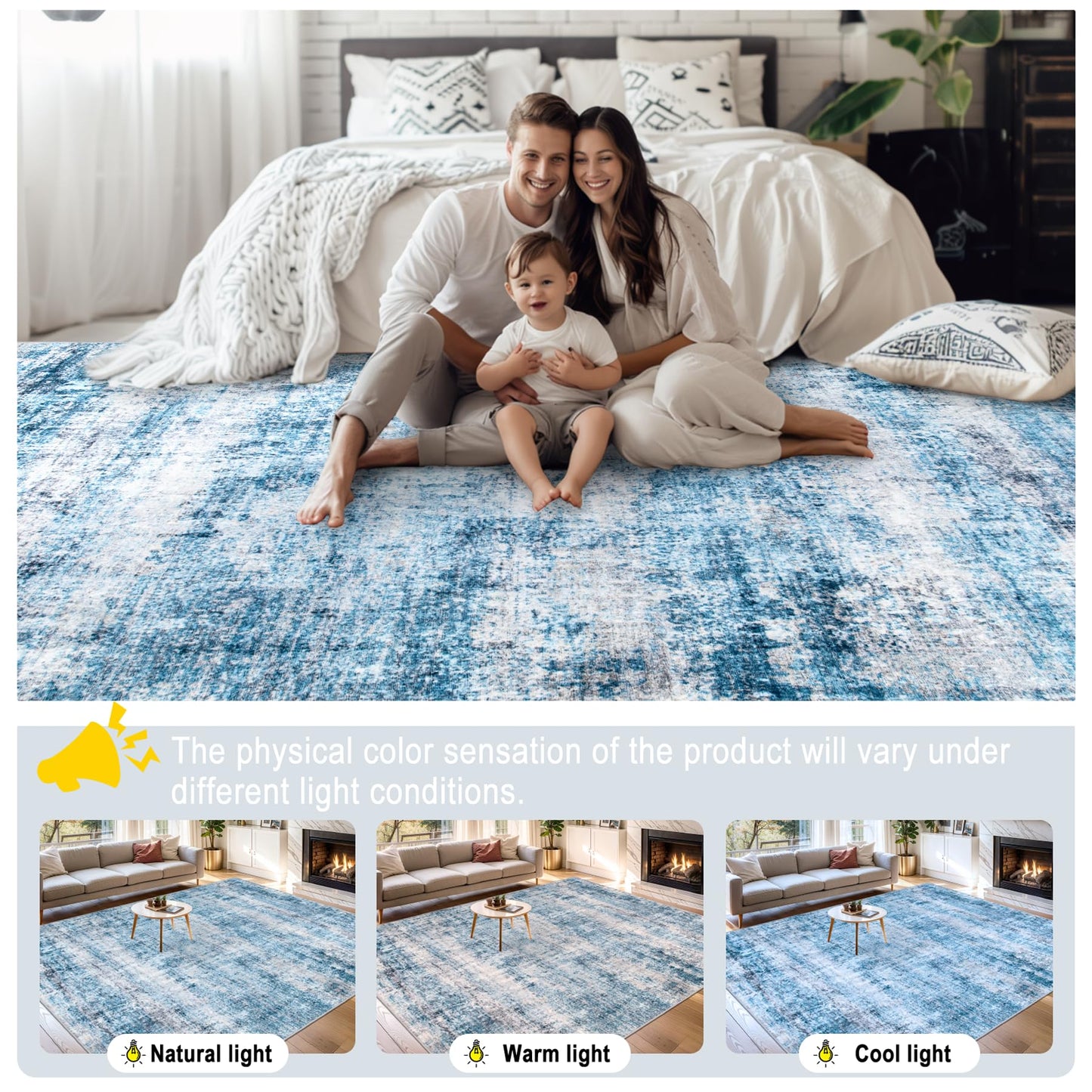 8x10 Area Rugs for Living Room - Washable Rug Modern Abstract Soft Large Neutral Non-Slip Carpet Indoor Floor Thin Carpets for Bedroom Dining Room Farmhouse Nursery Home Office Blue Grey
