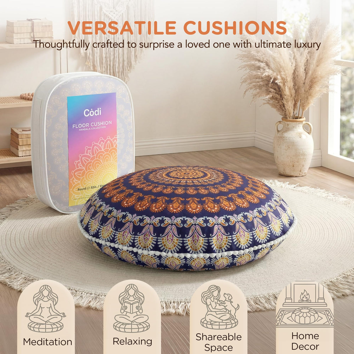 Codi Floor Pillows for Sitting Set of 2, Large Meditation Cushions for Adults with Memory Foam, Bohemian Mandala Round Seating for Outdoor Yoga and Living Room, Washable, 32 Inch, Yellow