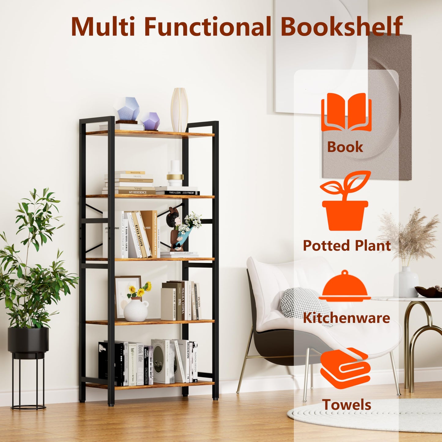NewBeth 5 Tier Bookshelf,Storage Shelf with Steel Frame,Free Standing Open Book Shelves Storage Display Shelf