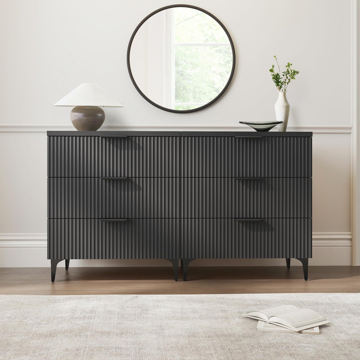 25.6" W Black Fluted Nightstand with 3 Drawer, Modern Wood Night Stands Bedside Table for Bedroom King/Queen Bed, End Table with Robot-Friendly Legs for Living Room,Entry