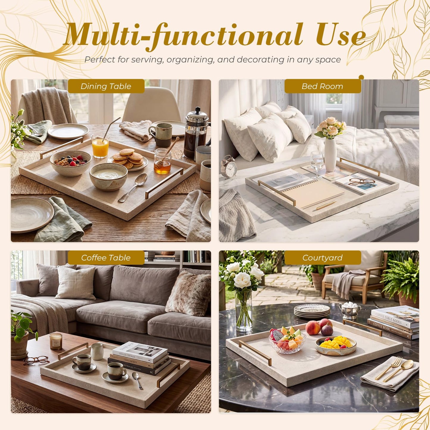Gerrii 24" x 24" Extra Large Leather Ottoman Tray for Coffee Table, Decorative Square Leather Tray with Gold Handles, Luxury Serving Trays for Living Room Ottoman, Vanity, Home Decor(Beige)