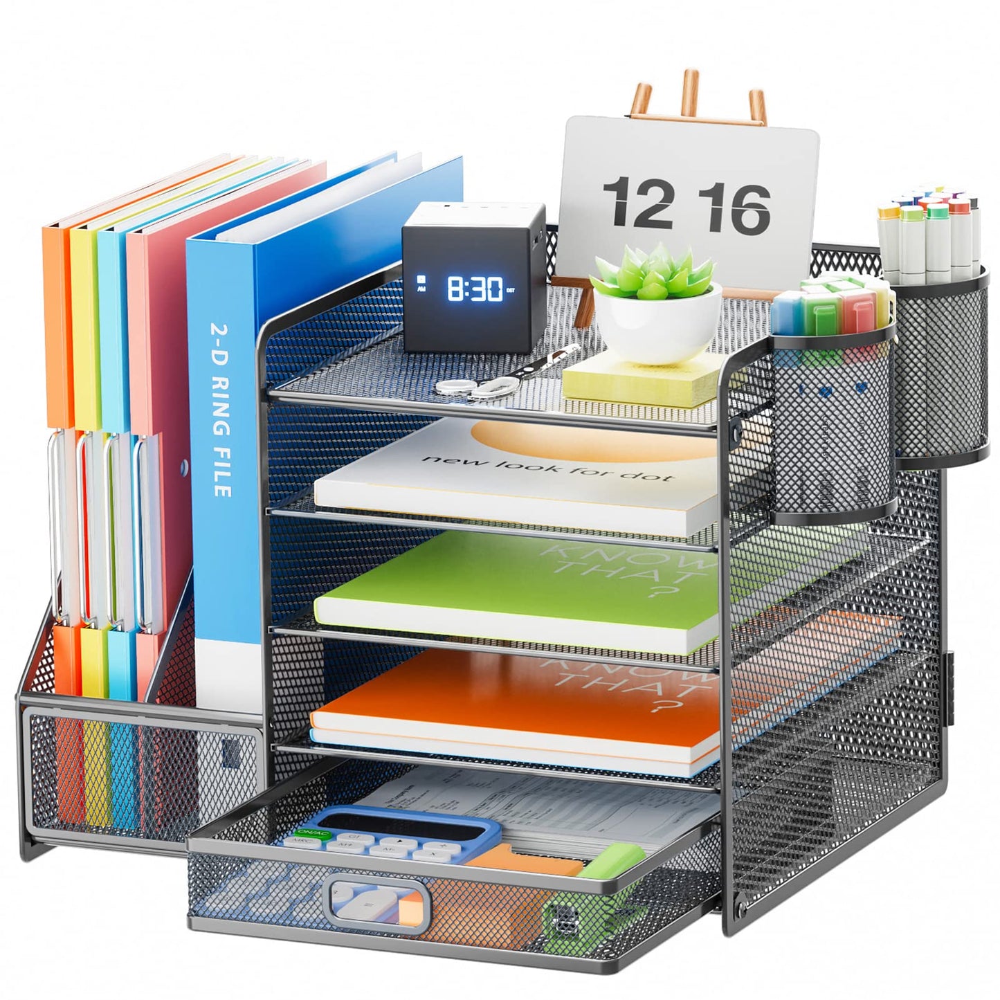 Marbrasse 5-Tier Paper Letter Tray Organizer with Drawer and Pen Holder, Mesh Desktop Organizer and Storage with Magazine Holder for Office Supplies (Grey)