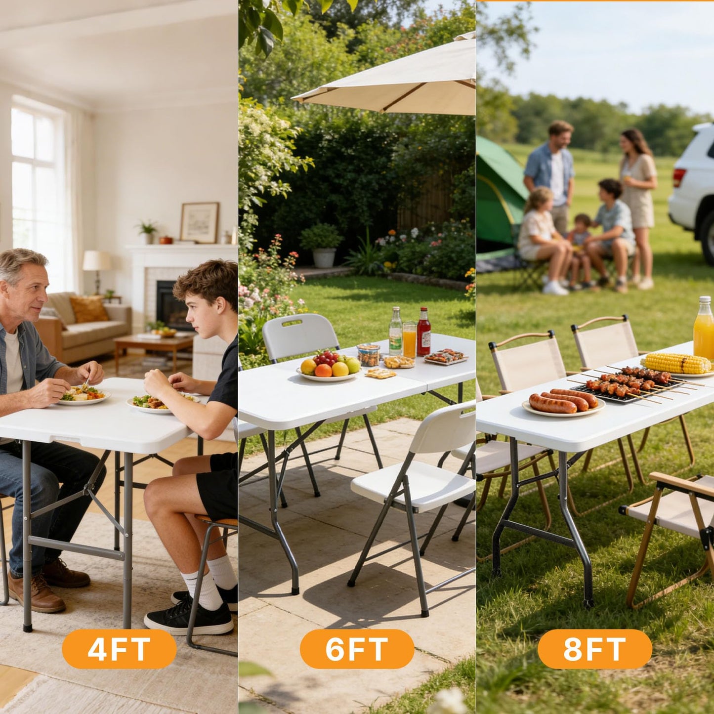 NEWBULIG 4 FT Foldable Table Easy to Fold and Store, Folding Picnic Table for Picnic Camping Kitchen Dining Party Outdoor Indoor with Carrying Handle, White