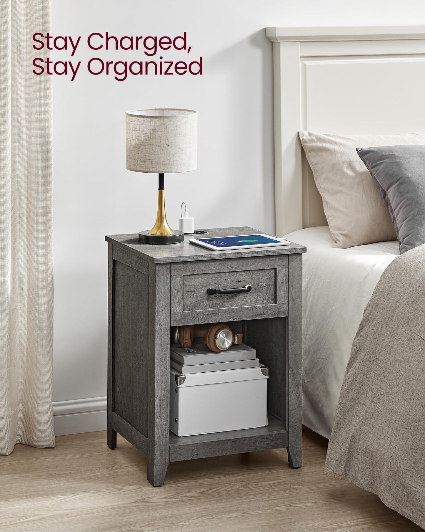 VASAGLE LIRY Collection - Farmhouse Nightstands with Charging Station, Set of 2 Bedside Tables, Side Tables with Drawer, Open Compartment, for Bedroom, Misty Gray ULET859G01