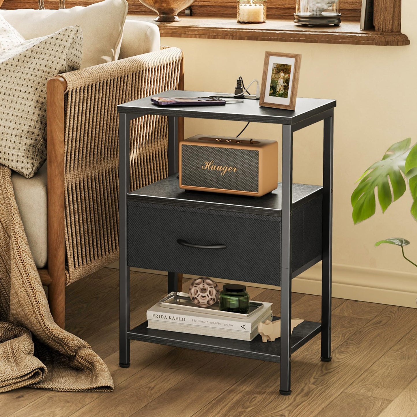 SUPERJARE Nightstand with Charging Station, Bed Side Table with Adjustable Fabric Drawer, Night Stand for Bedroom, 3-Tier Storage End Table, for Living Room, Black