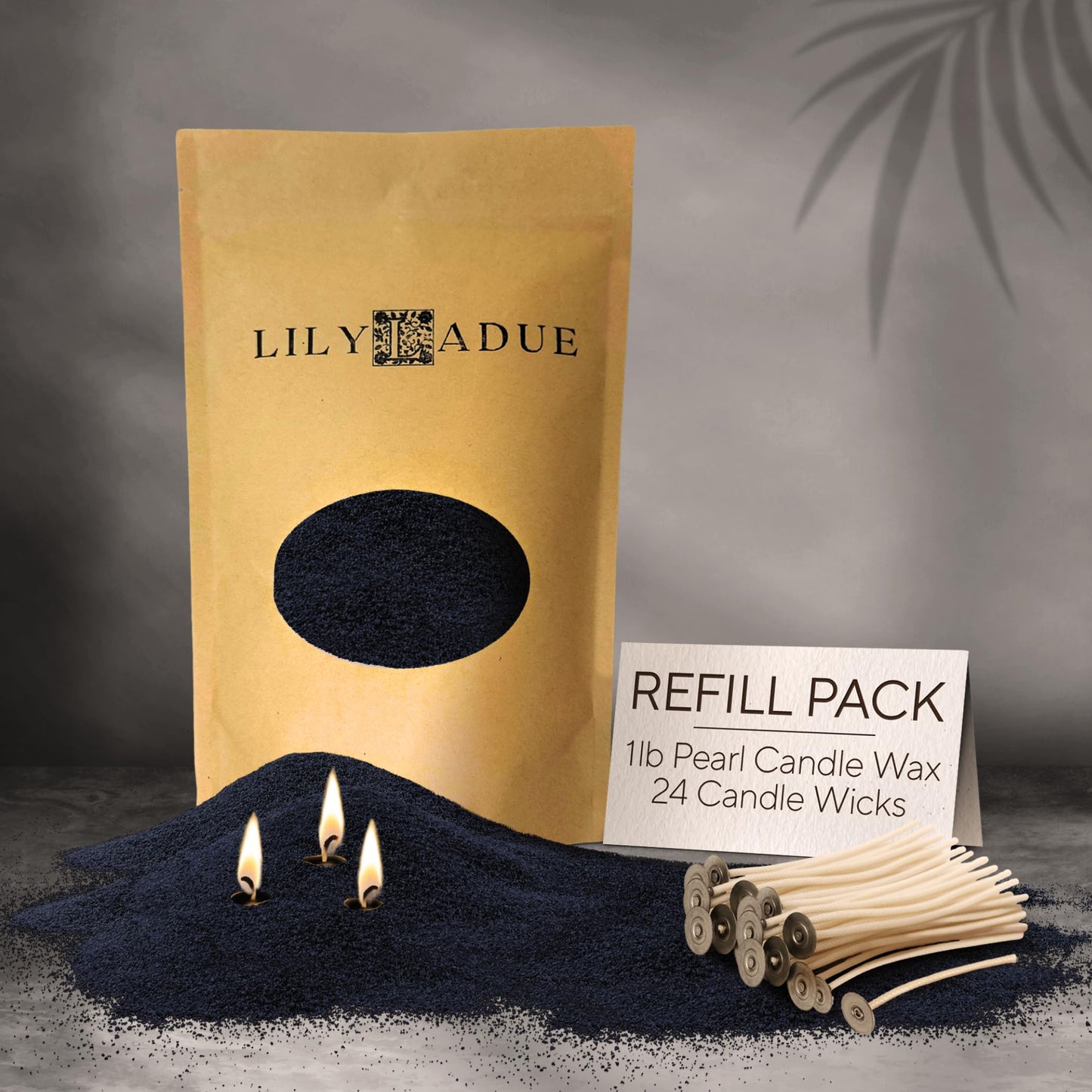 LILY LADUE Sand Candle Refill Kit - 1Lb/16Oz Black Pearled Candles Sand and Wicks (24) without Holder, Unscented Aroma Beads, Reusable Powder Pearls Bulk Wax Pearls for Refillable Pearlized Pellet Set