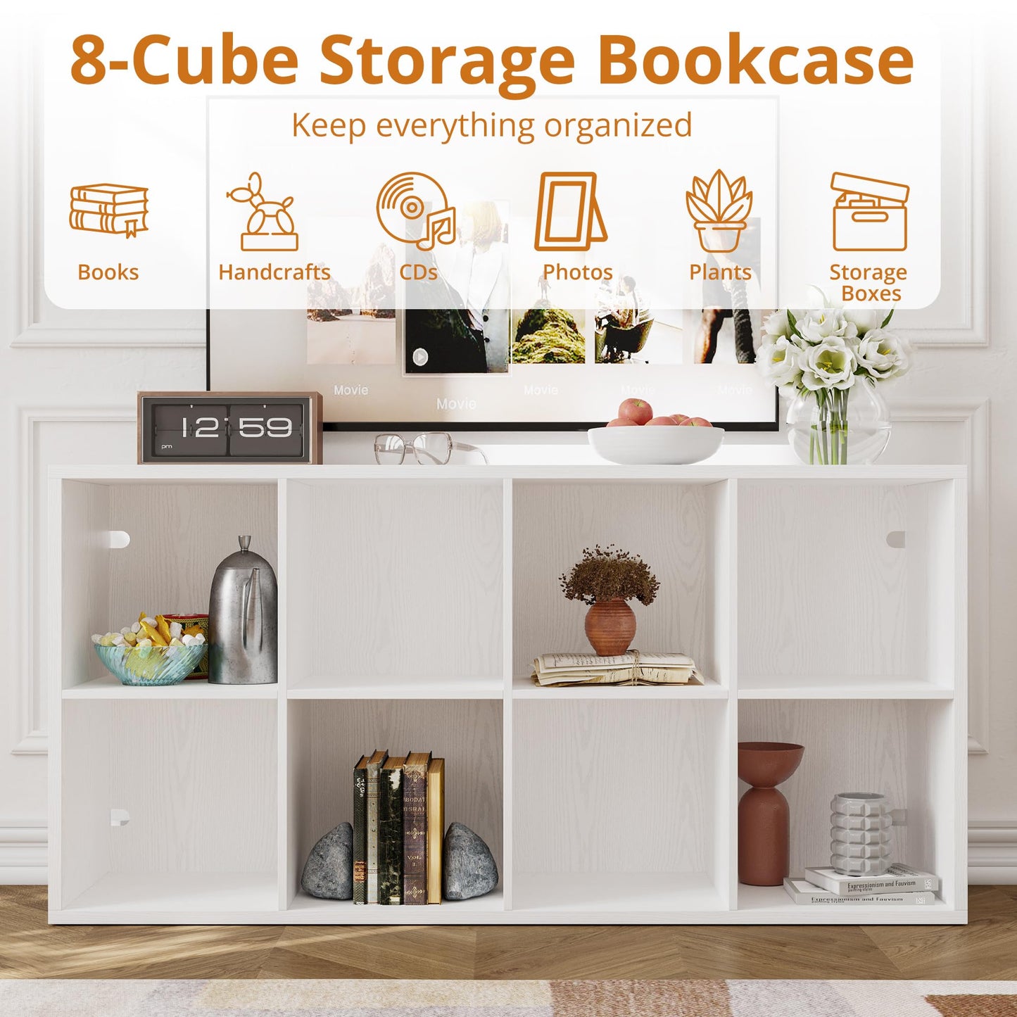 IRONCK Bookshelf, 8-Cube Storage Cube Shelf Organizer, Extra Thick Frame Horizontally & Vertically Reversible Bookcase with Open for Living Room, Bedroom, Home Office, White
