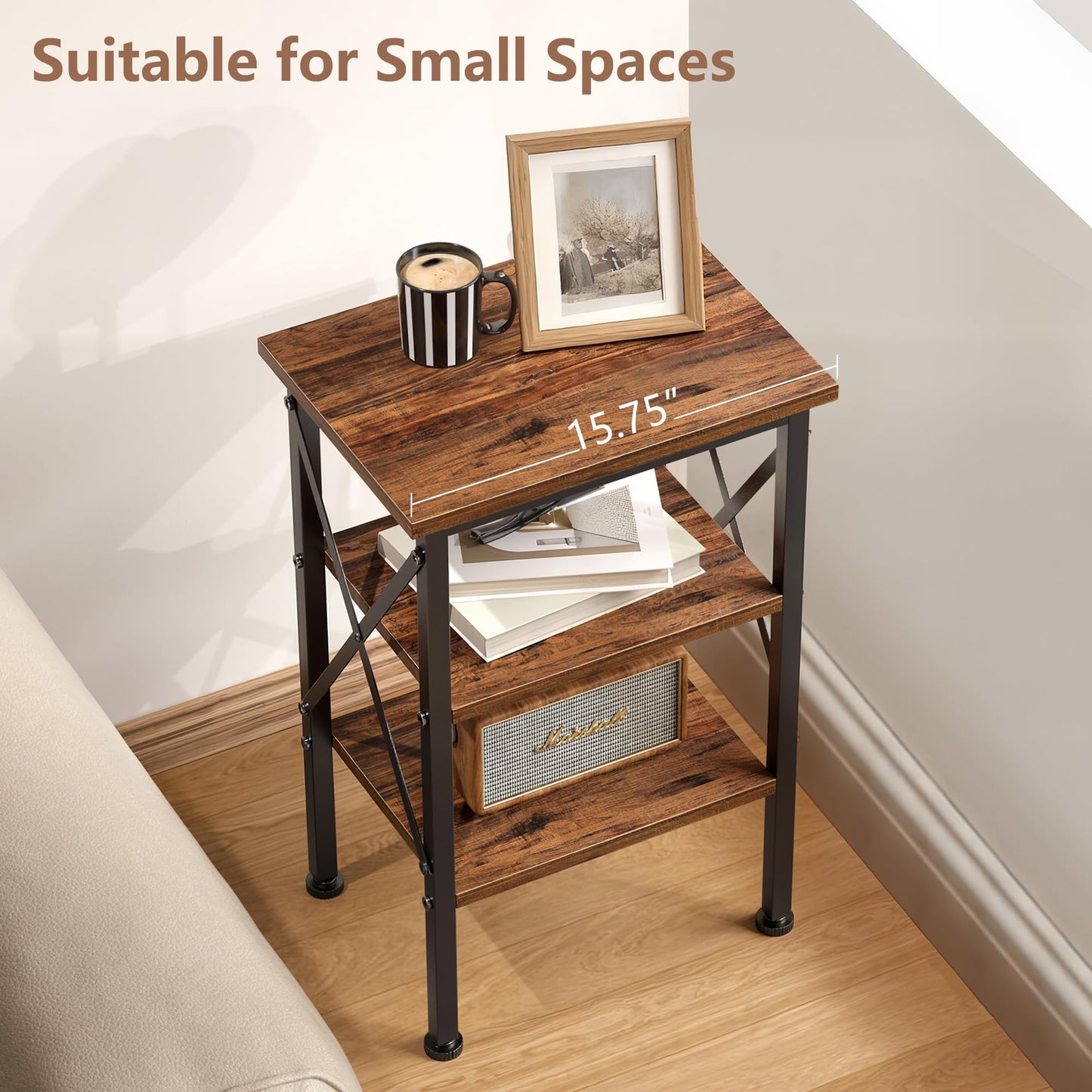 VECELO End Table Set of 2, Bedside Table, 24" Tall Living Room End Tables, X-Design Reinforced Nightstands, Side Table with 3-Tier Storage Shelves for Small Spaces, Office, Bedroom, Rustic Brown