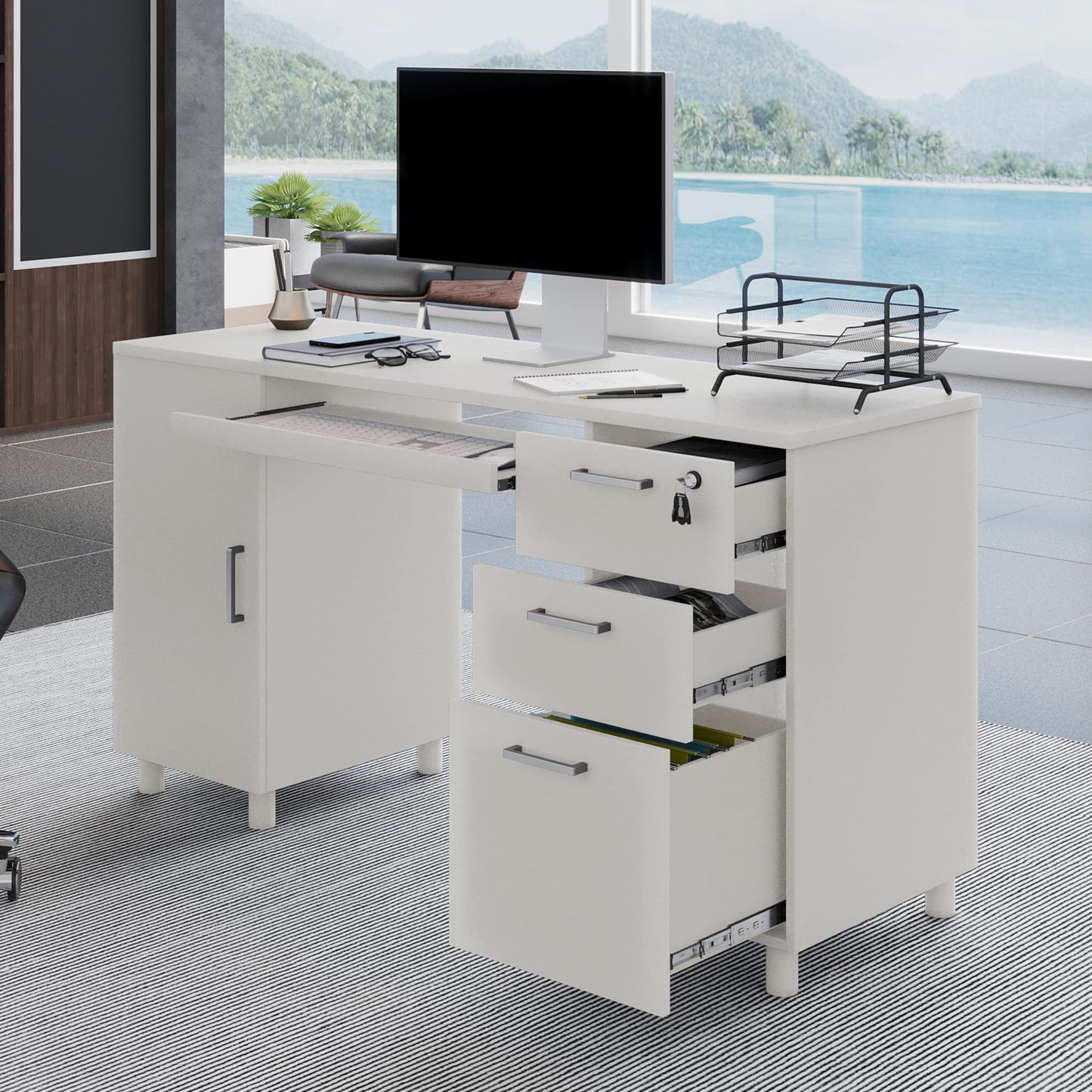 Modern Design Venice Computer Office Desk with 3 Locking Drawers and Storage Cabinet, 53 Inch Home and Office Executive White Desk with Keyboard Tray by Crafts and Comfort