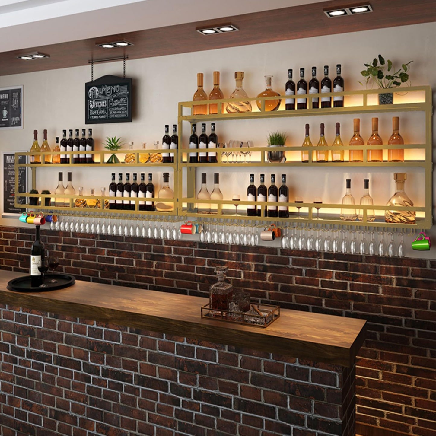 Floating Wall Wine Rack with Light Liquor Bottle Display Shelf and Hanging Wine Glass Rack Perfect for Home Bar Cafe or Restaurant Gold Color