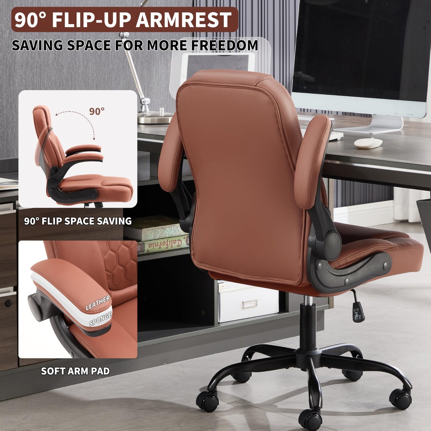 Nexthro Executive Office Chair PU,Leather Office Chair with Wheels,360° Swivel Rolling Chair with Padded Arms,Ergonomic Computer Chair with Lumbar Support for Short People Use(Brown)
