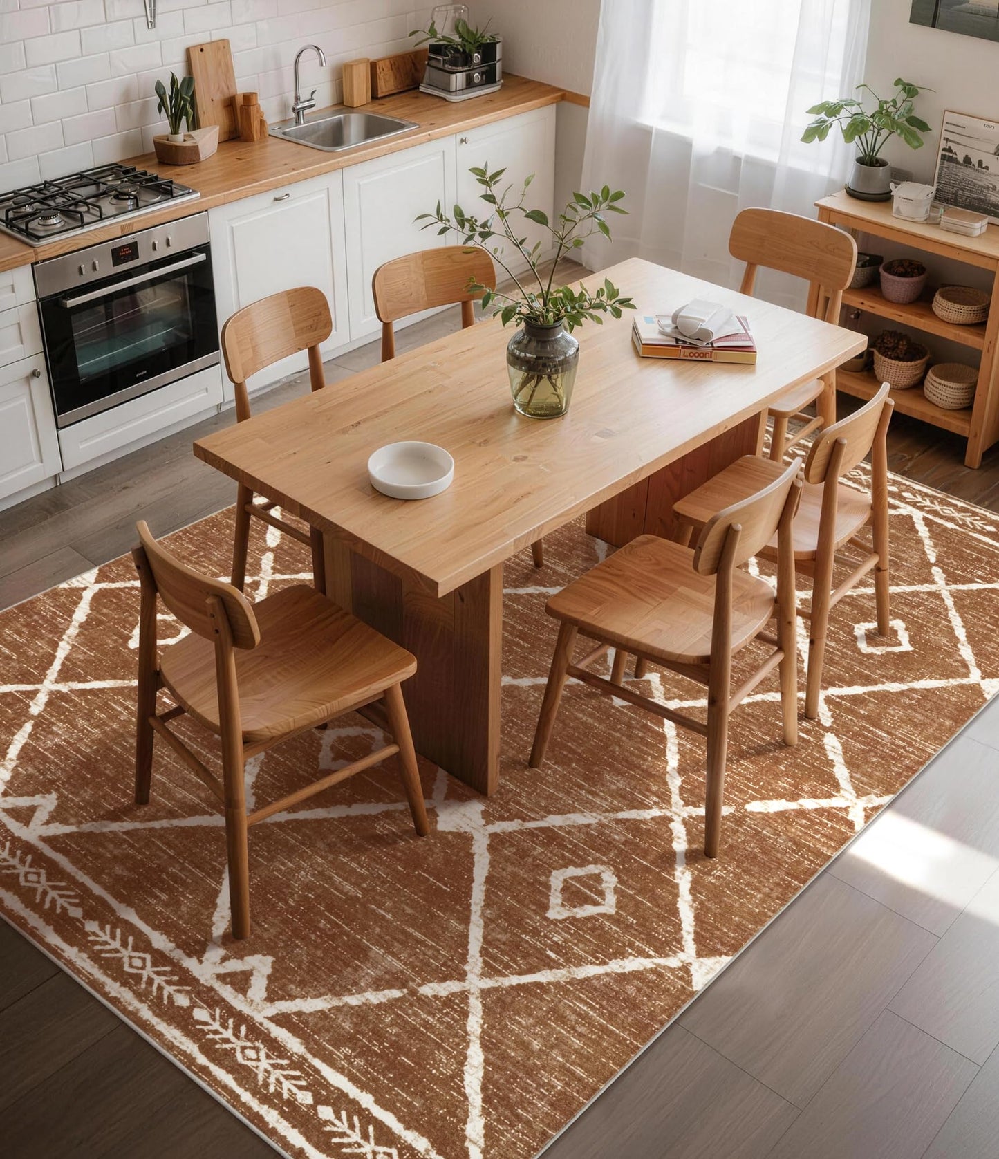 YIHOUSE Western Rugs for Living Room, 6x9 Moroccan Area Rug, Aztec Burnt Orange Large Rug, Southwestern Soft Low-Pile Washable Rugs for Bedroom, Dining Room
