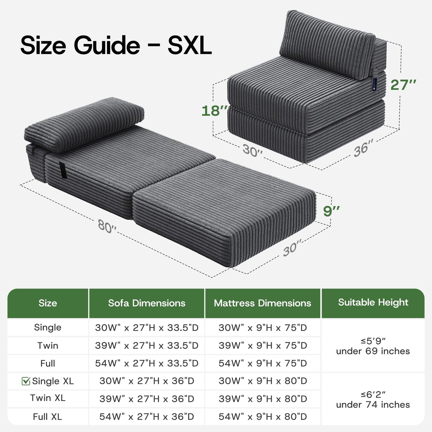 MEGAYES Convertible 4-in-1 Folding Sofa Bed Boneless Sleeper Chair Couch Foldable Chaise Lounger & Mattress Pocket Coils+Foam Medium Support, Portable No Assembly for Living Room/Bedroom, Single XL