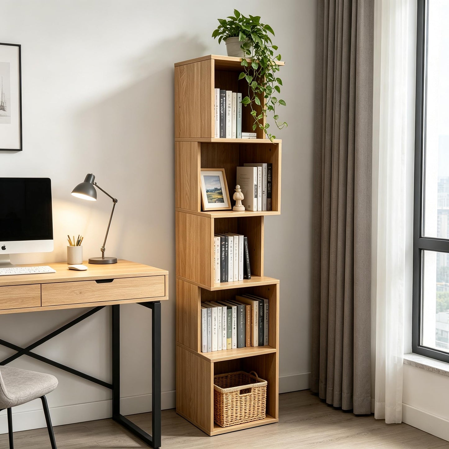 Enjoy Smart 5 Cube Bookshelf, Freestanding 5 Tier Open Display Shelf, Rustic Oak Texture Cube Storage Organizer with Eco-Friendly Melamine Surface for Home Office Bedroom Living Room Study, Oak
