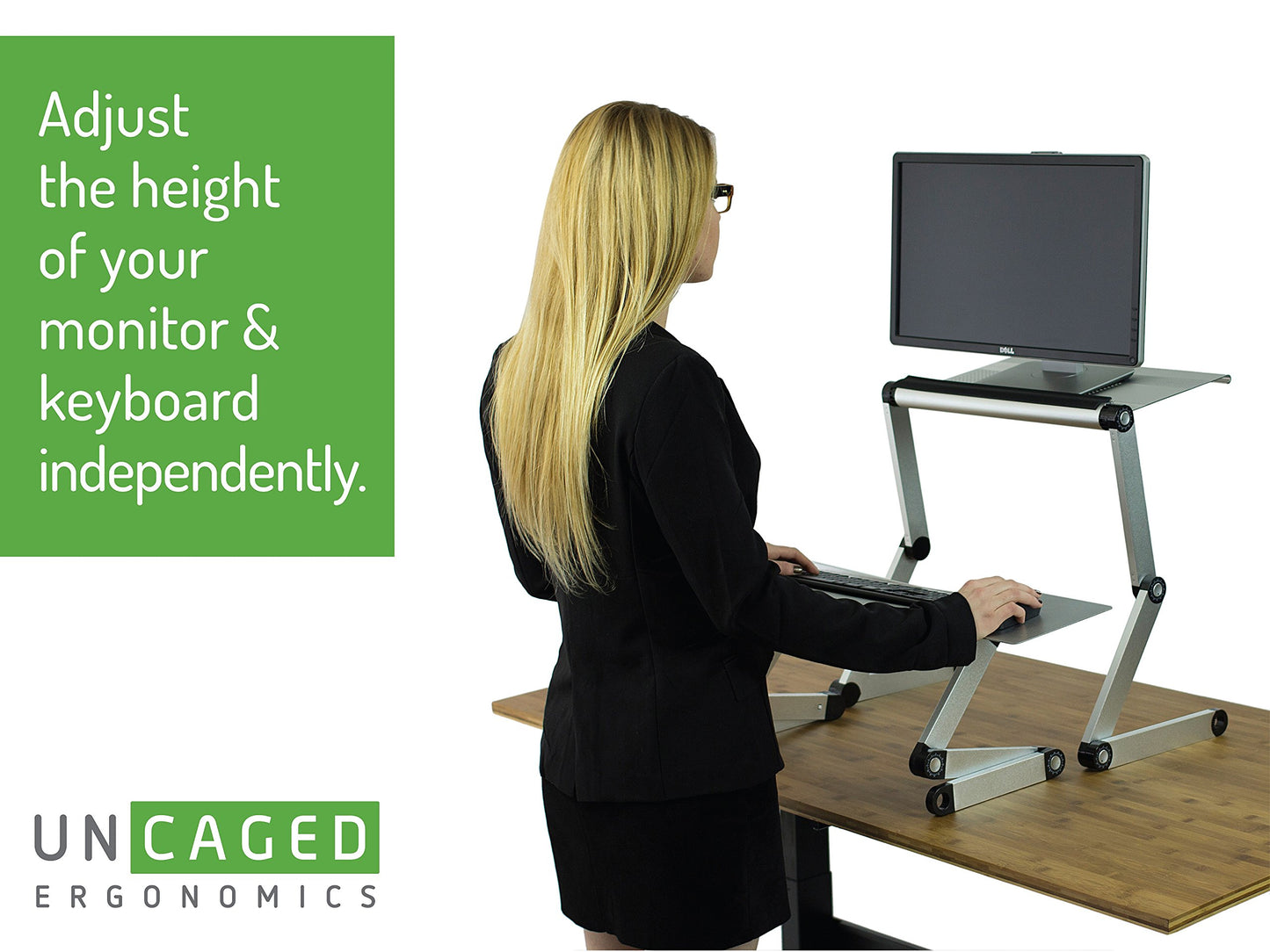 WorkEZ Adjustable Standing Desk Converter, Sit to Stand Desk Riser, Standing Desk for Laptop Monitor, Adjustable Height & Angle Negative Tilt, Silver